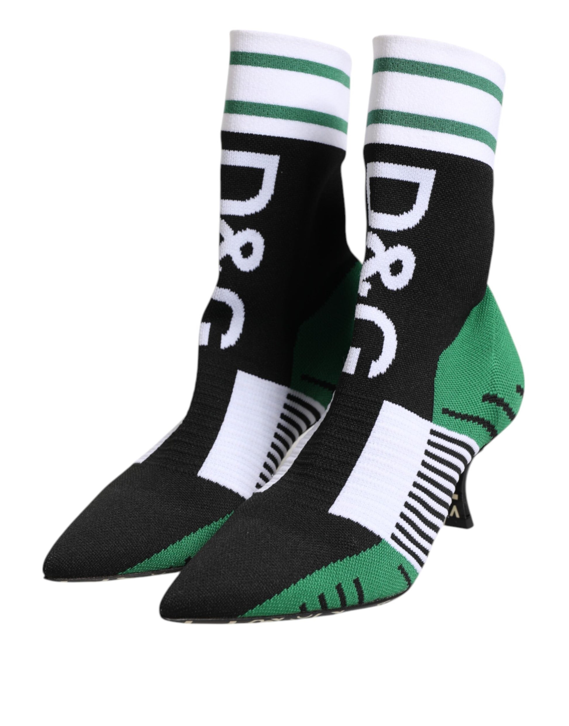 Pair of black socks with green stripes and white lettering