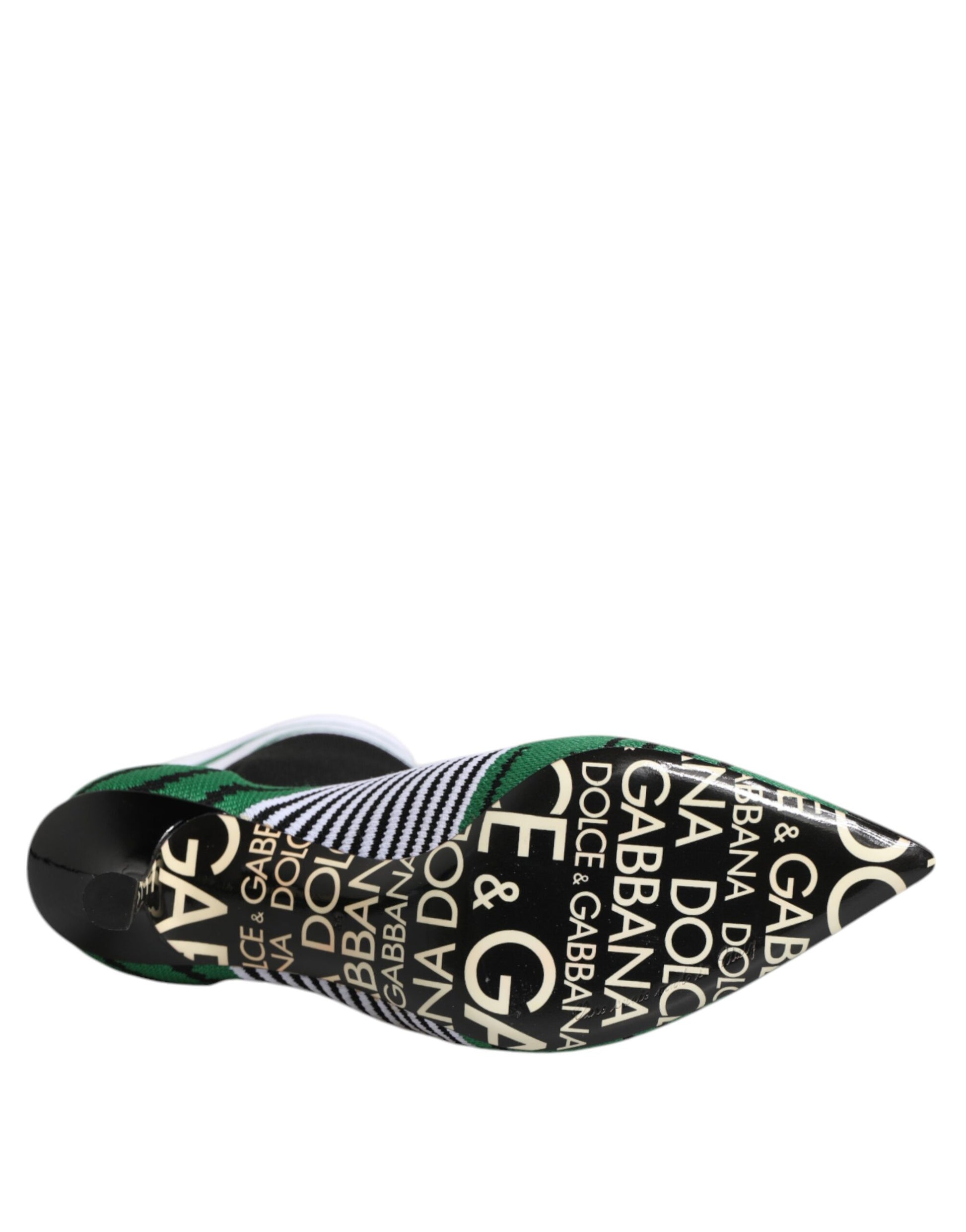 Black and white shoe with green and yellow accents