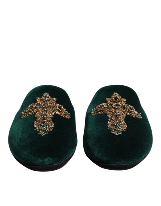 Pair of green velvet slippers with embroidered cross design