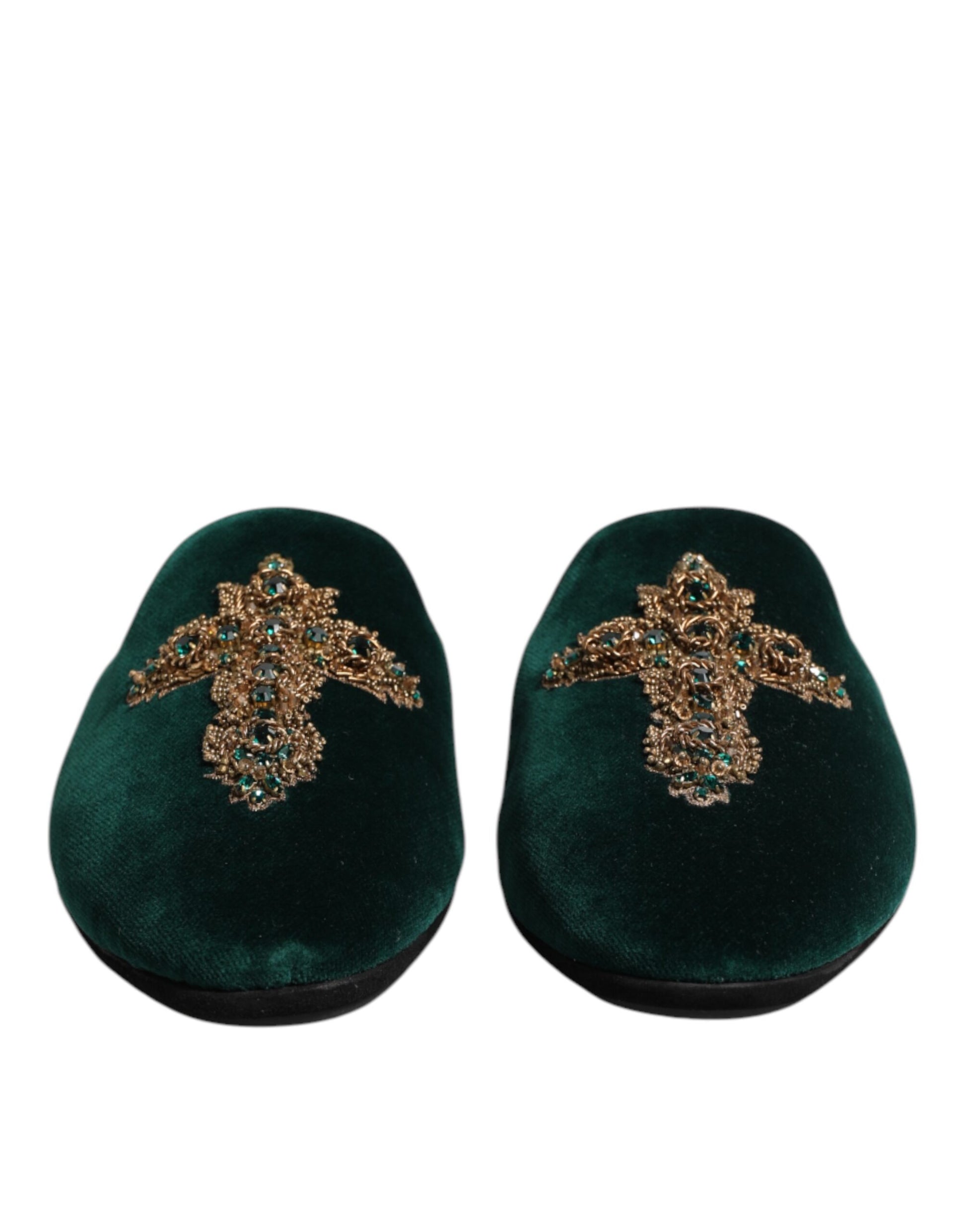 Pair of green velvet slippers with embroidered cross design