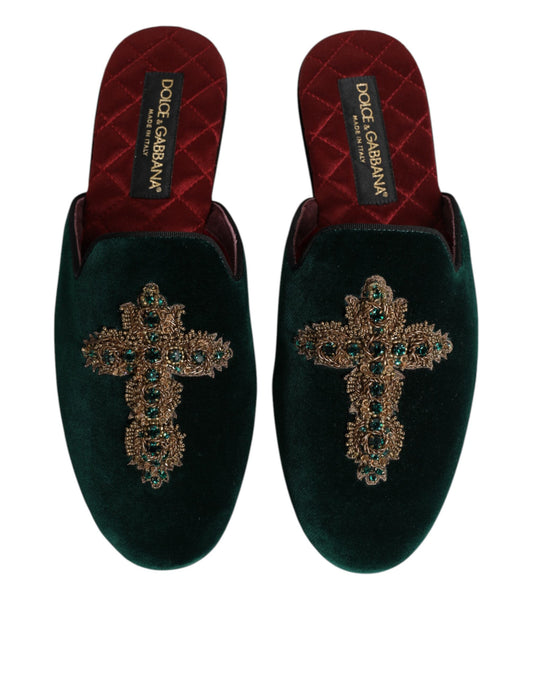 Pair of green velvet loafers with a cross embroidered on top