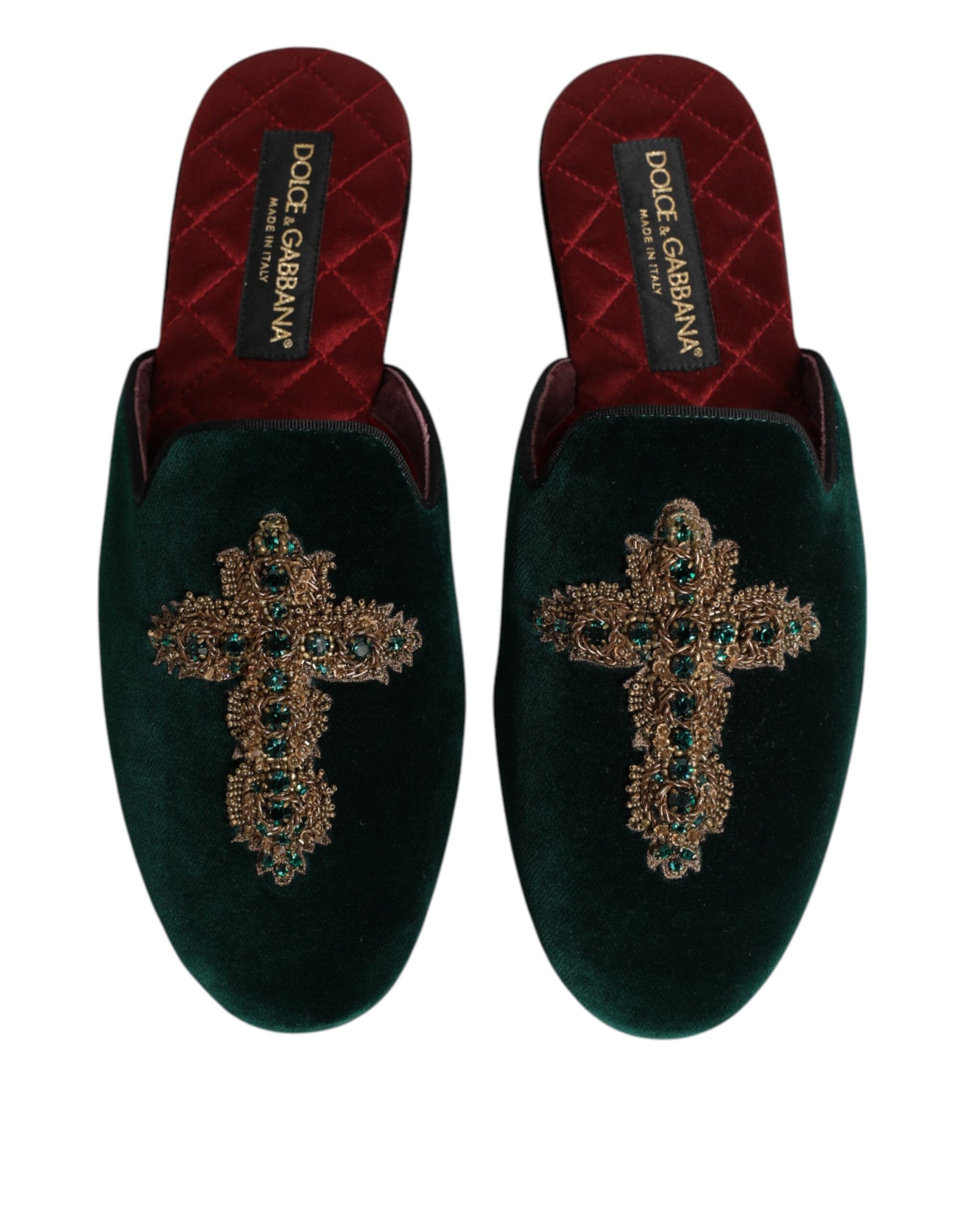 Pair of green velvet loafers with a cross embroidered on top
