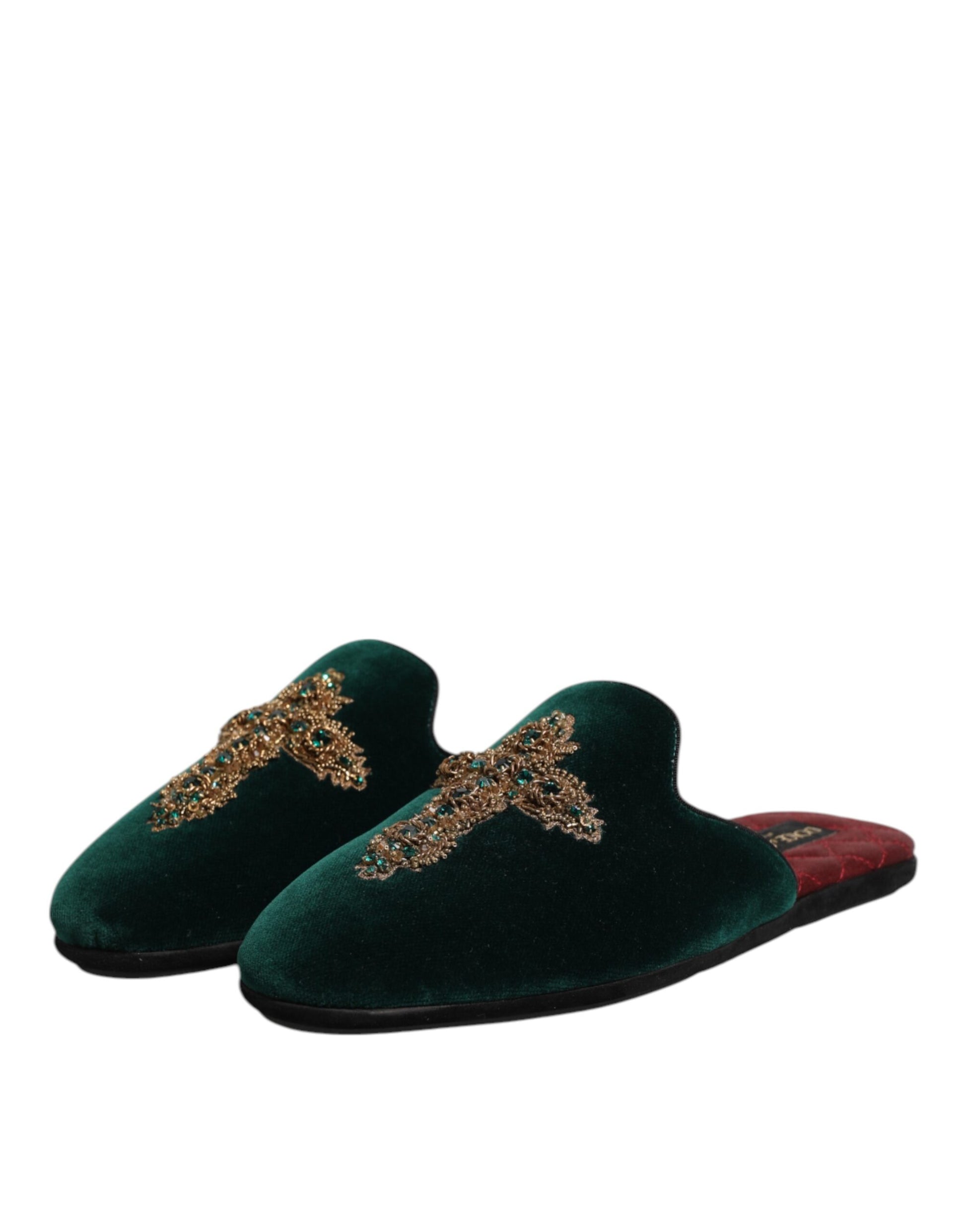 Pair of green velvet slippers with gold embroidery