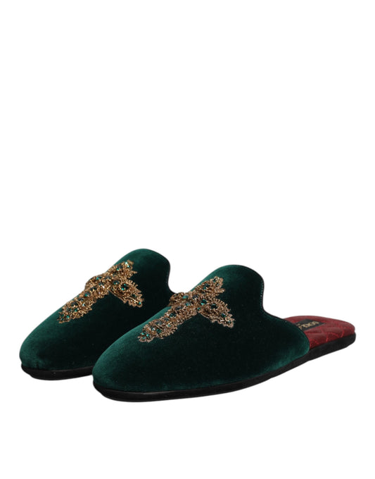 Pair of green velvet slippers with gold embroidery