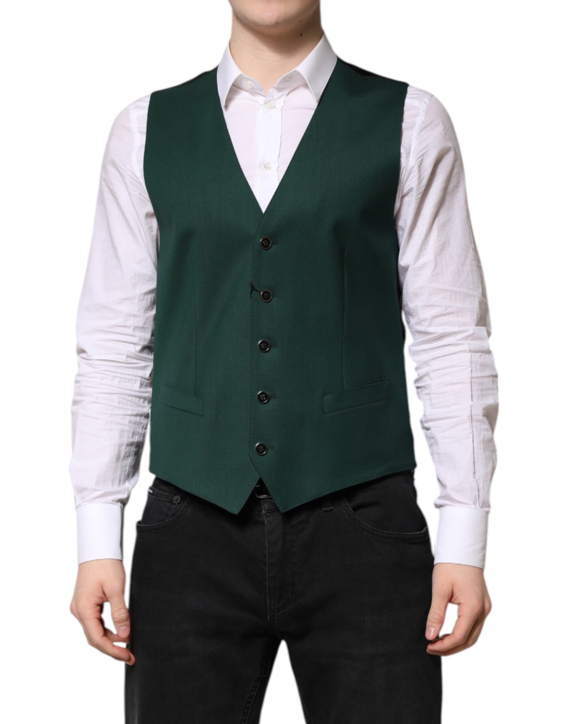 A green wool vest with buttons, part of a formal men's suit