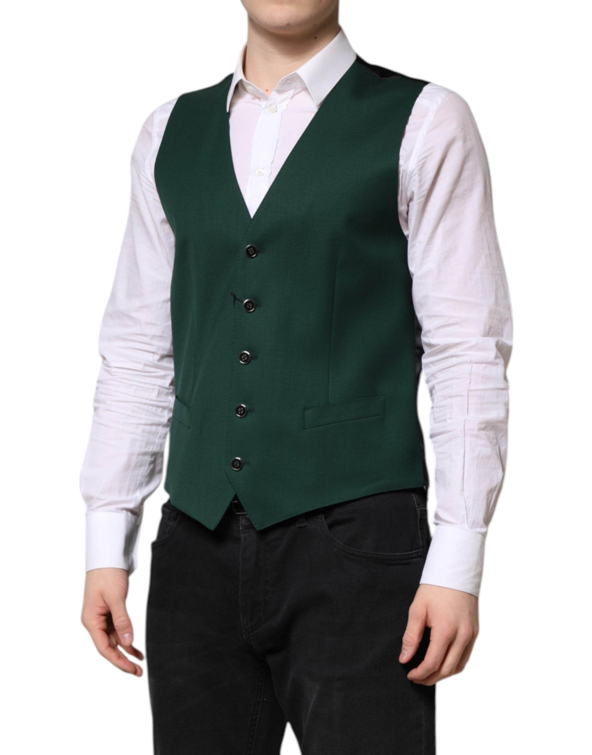 A green wool vest with black buttons, part of a formal men's suit