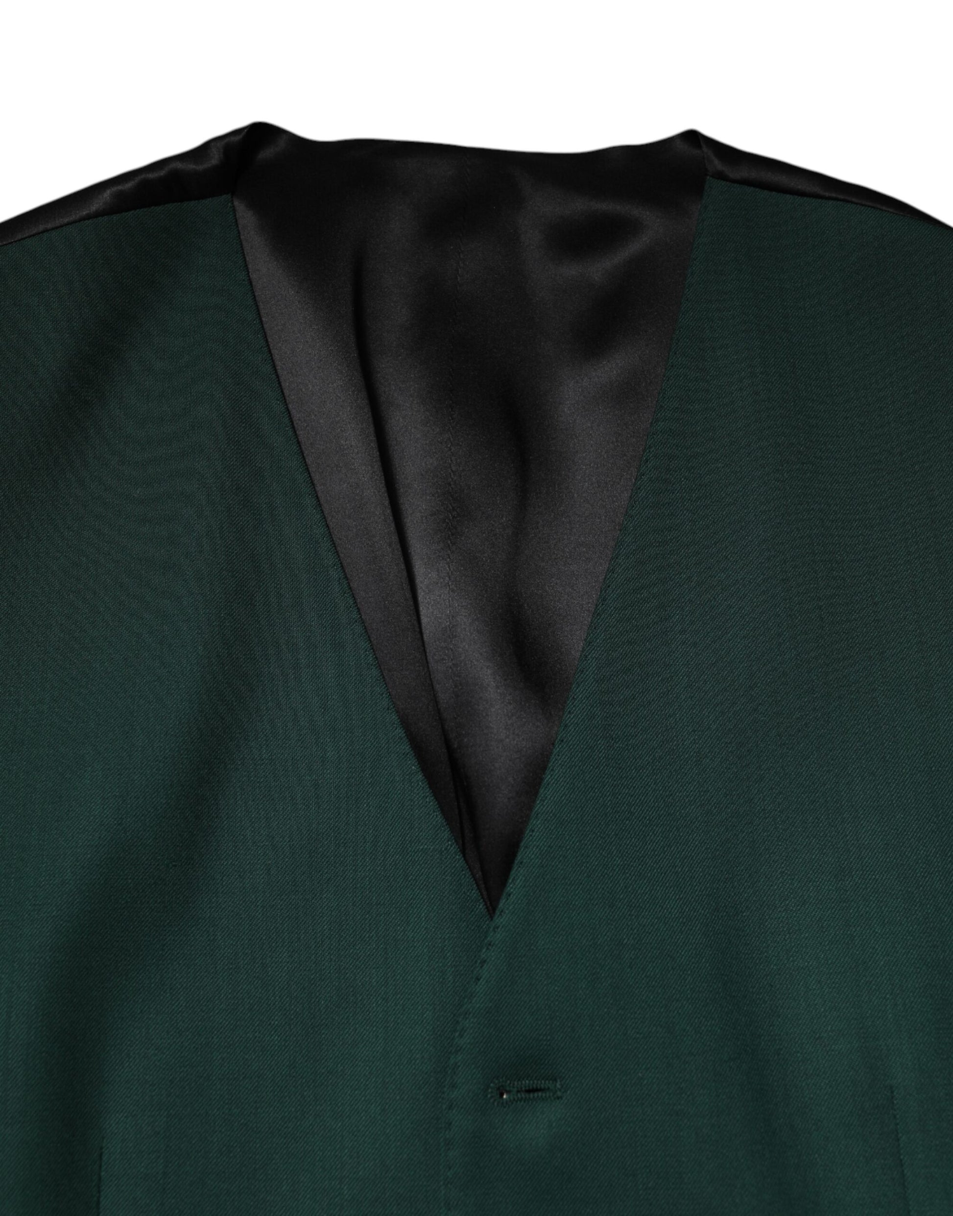 A green wool vest with a black satin lapel and two buttons