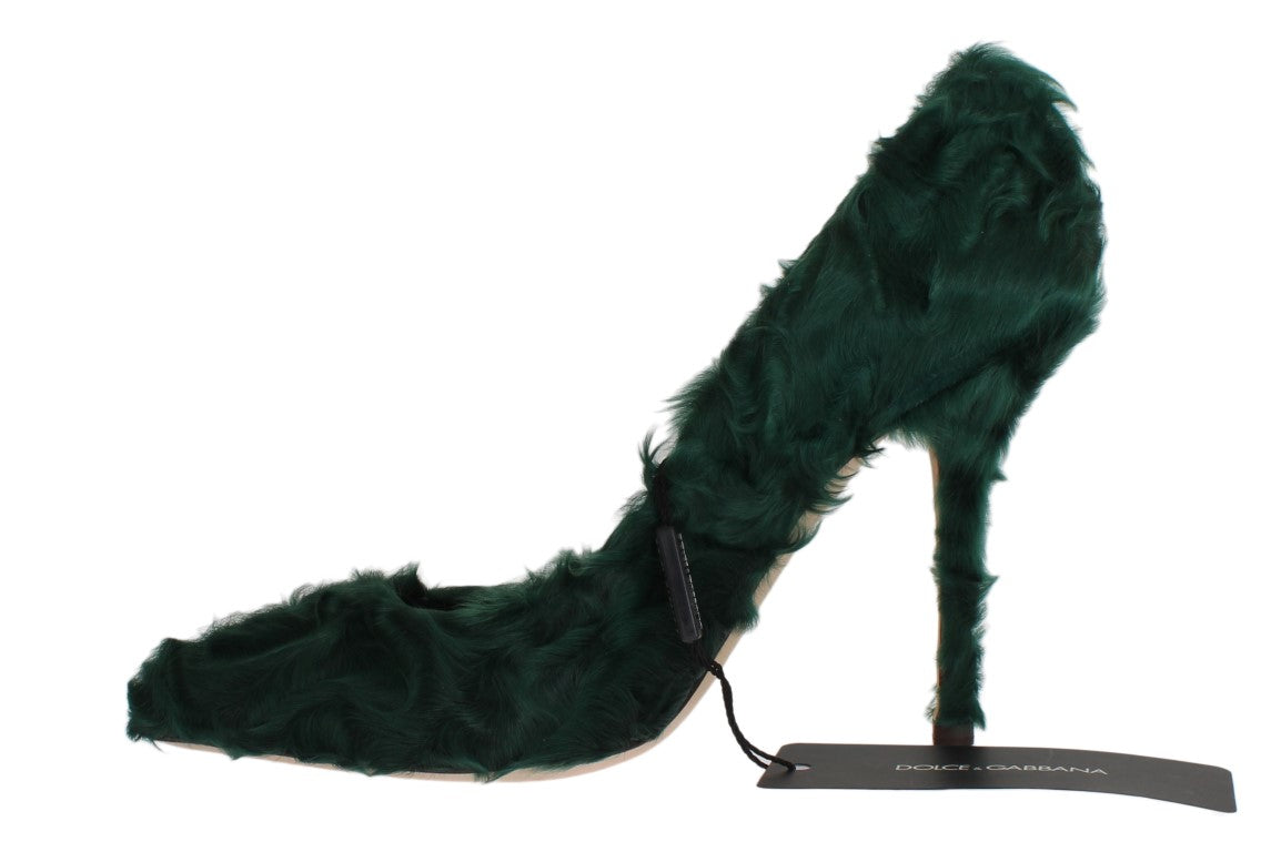 Green high heel shoe with feathered design and black strap