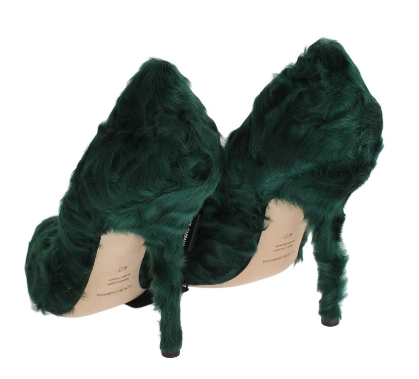 Pair of green furry high heel shoes with a pointed toe and ankle strap