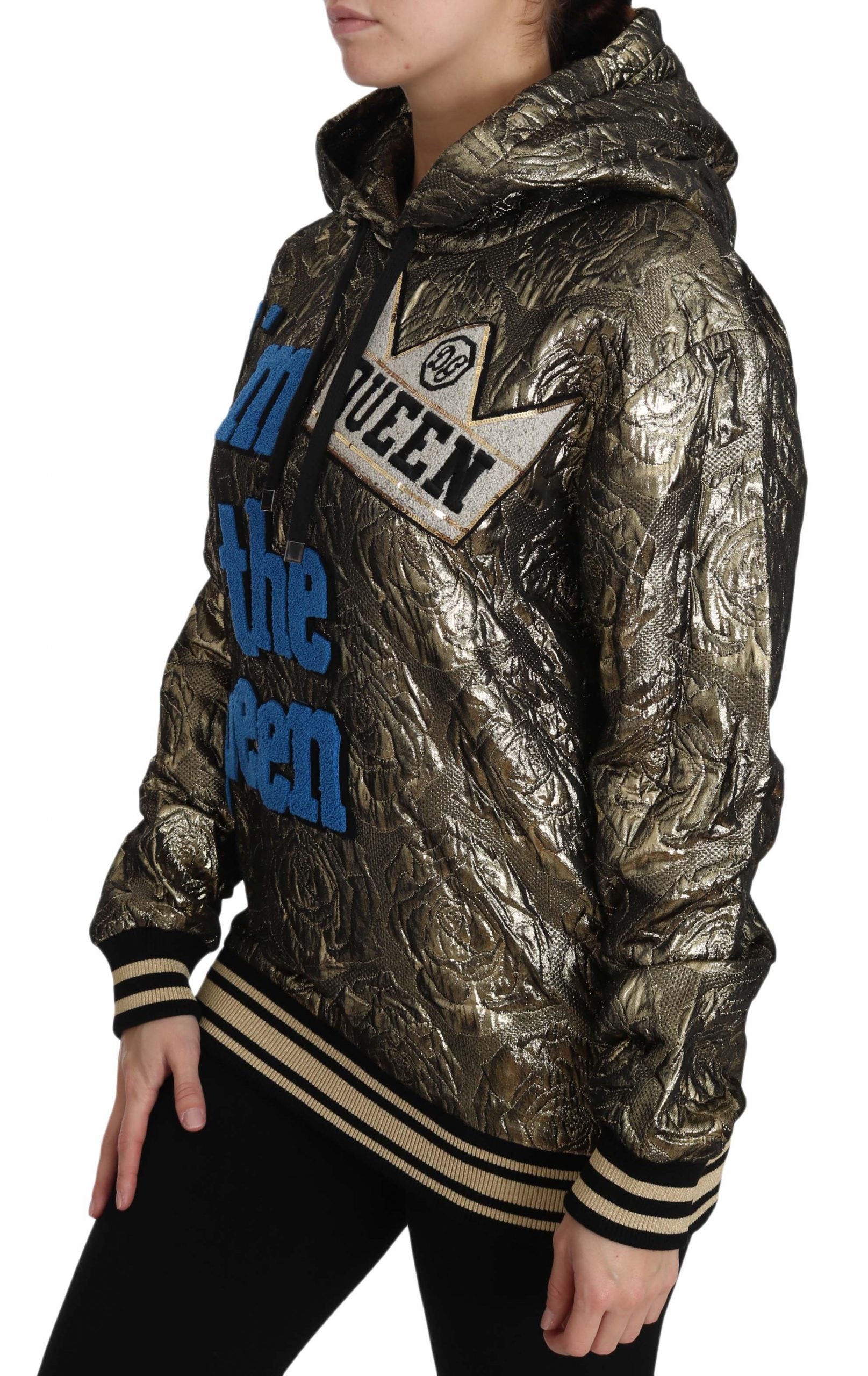 Gold sequin hoodie with embroidered text