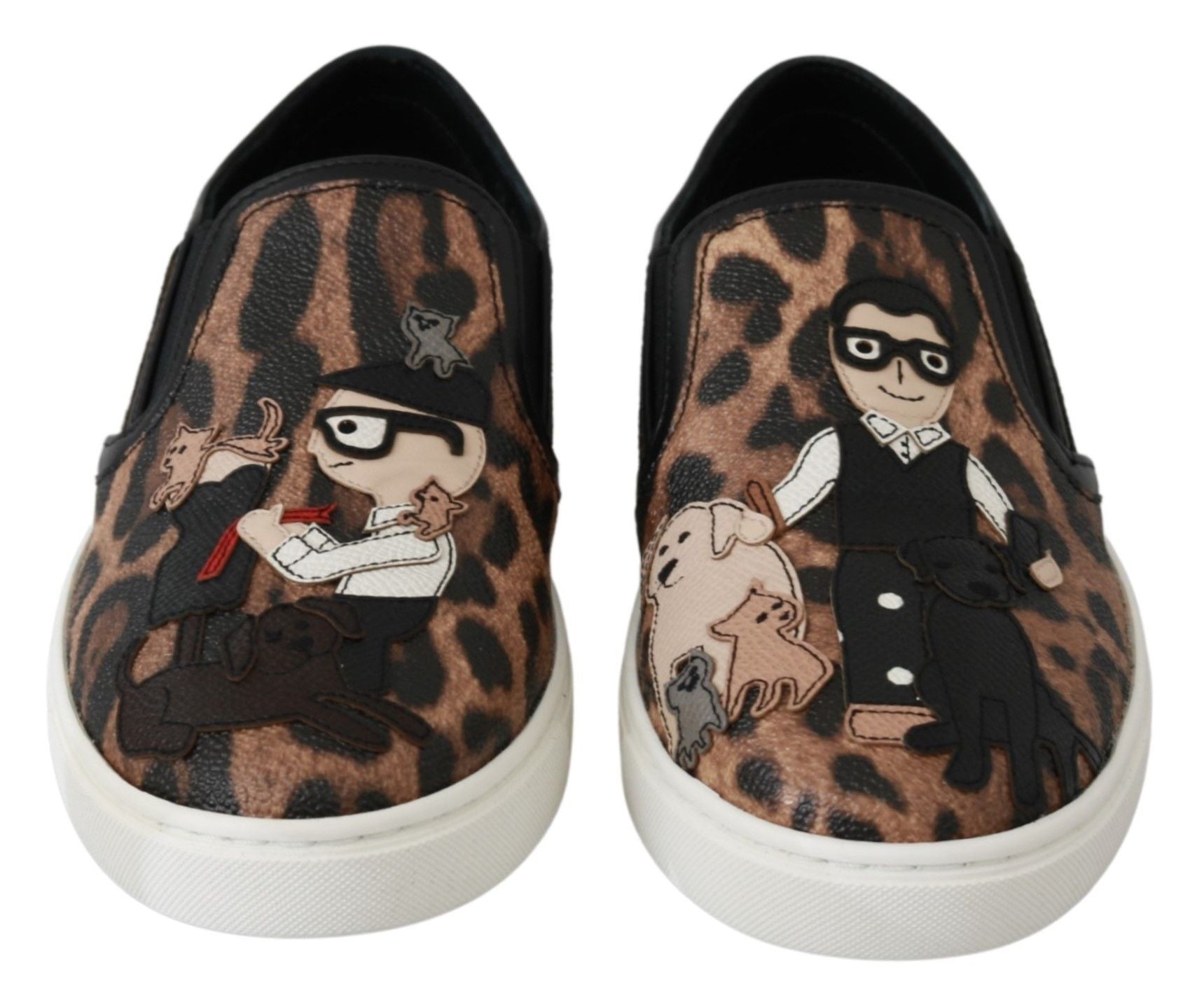 Pair of shoes with cartoon character designs on a cheetah print background
