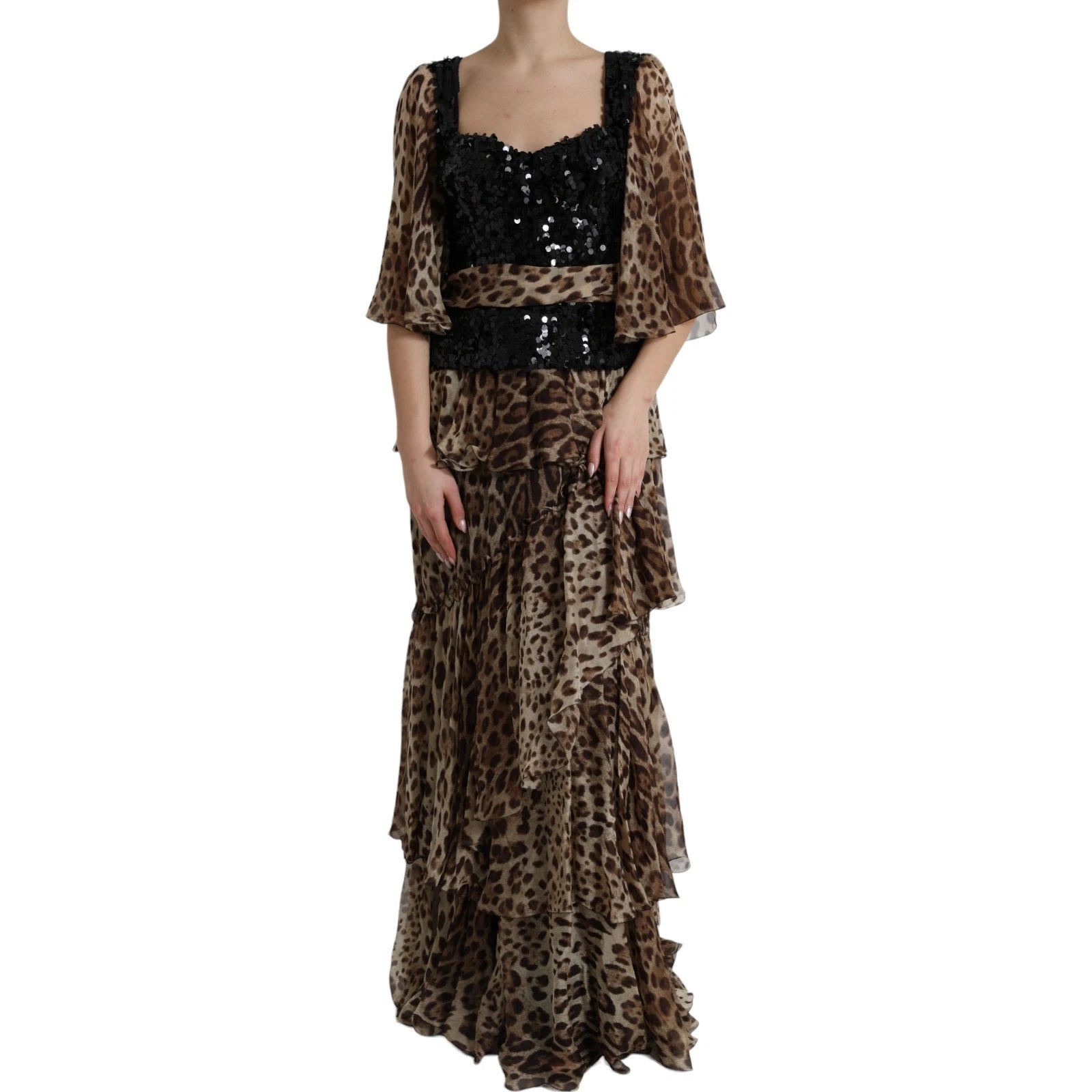 A long, leopard print dress with sequin ruffles and a belt