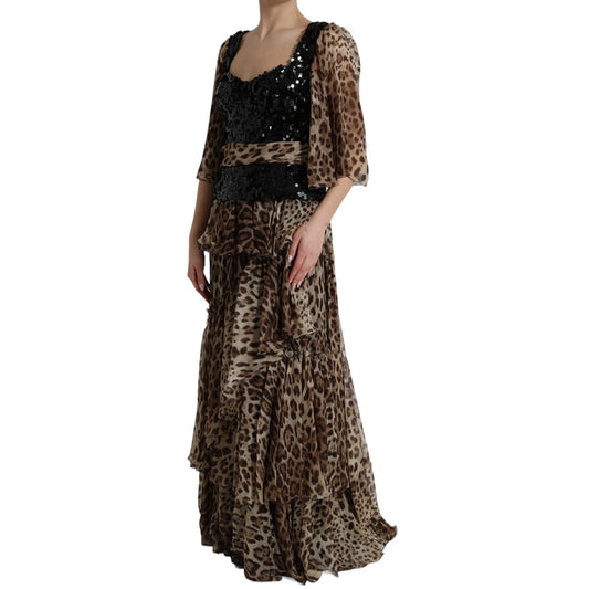 A long, leopard print dress with ruffles and sequins on a mannequin