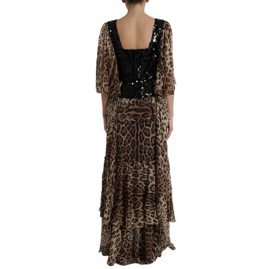 A long, sleeveless dress with a leopard print and sequin ruffles