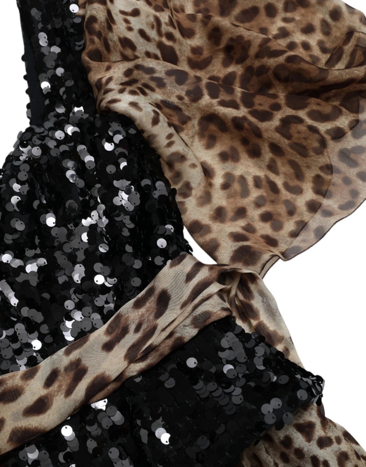 Leopard print silk sequin ruffle maxi dress with black sparkle detail