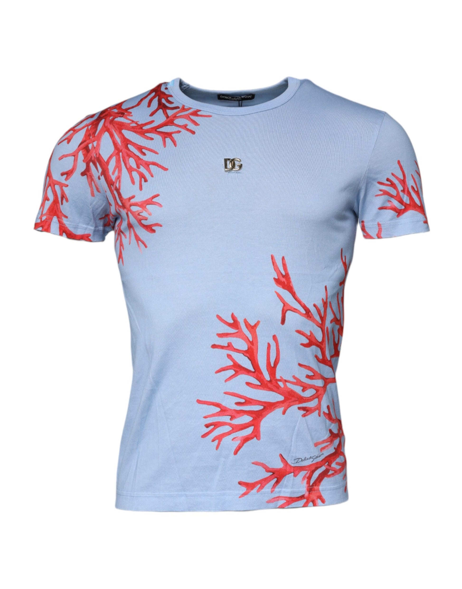 Blue shirt with red coral design on front