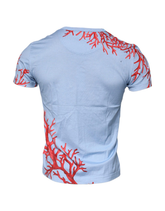 Blue t-shirt with red coral design on back