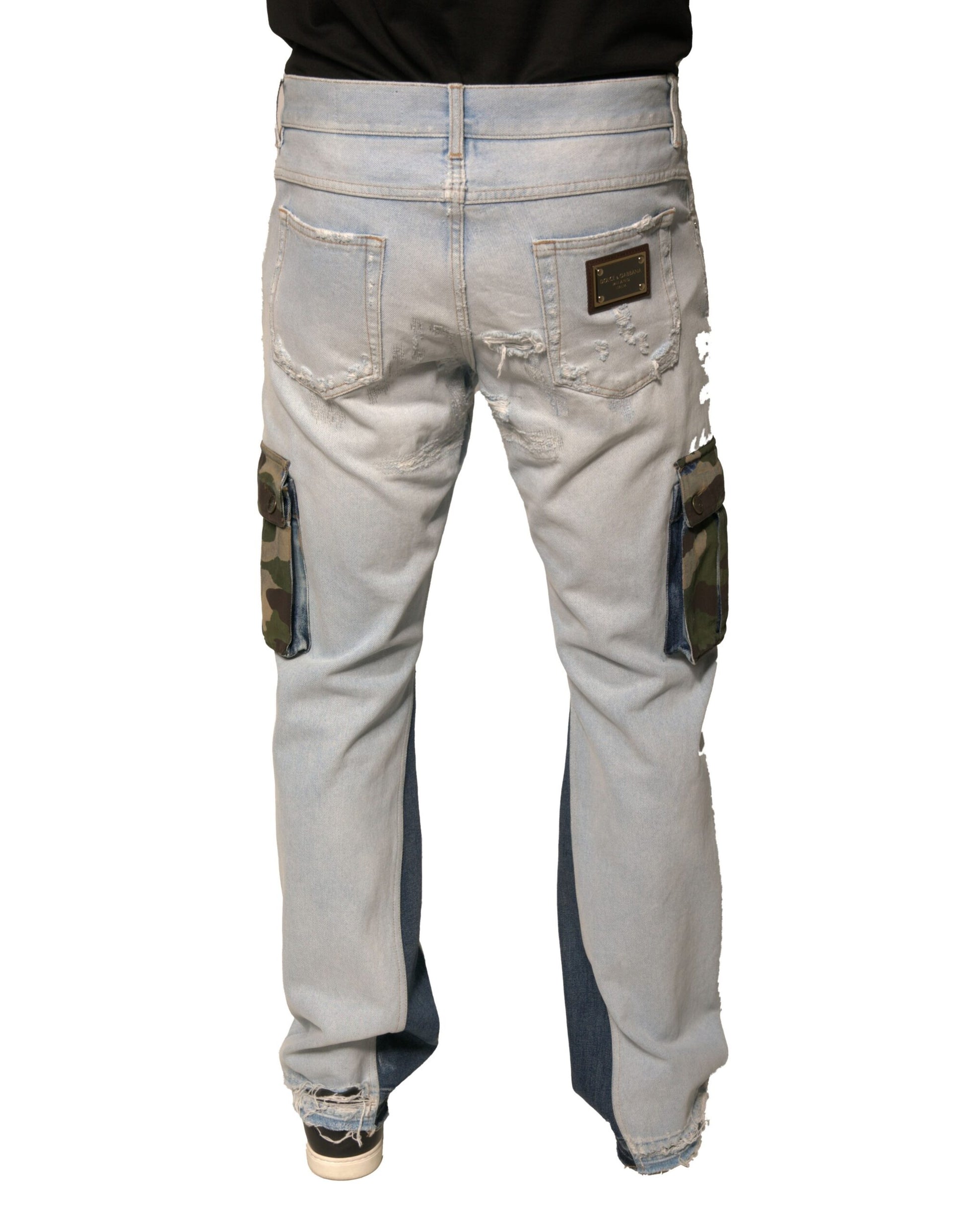 Pair of blue jeans with cargo pockets on sides