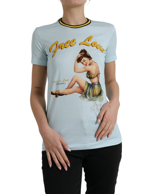 Woman wearing blue t-shirt with graphic design