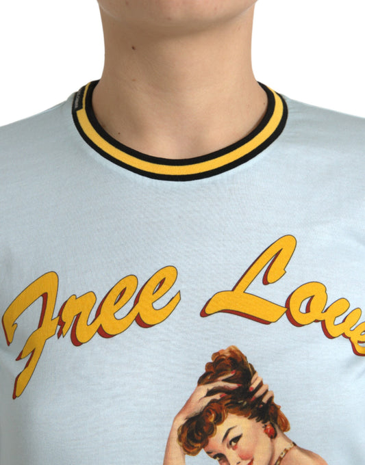 The shirt features a graphic design with a woman's face and the words "Free Love" written above her