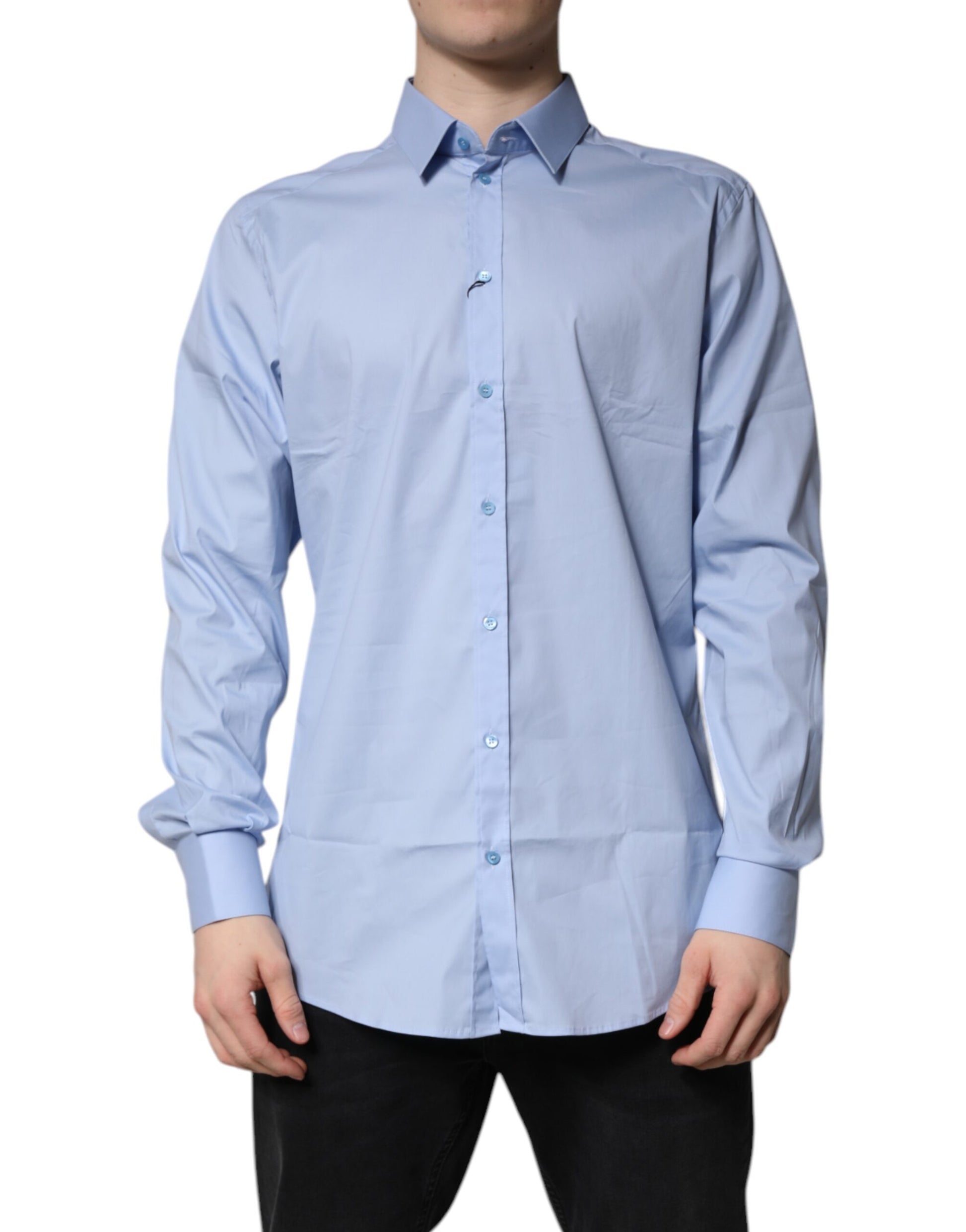 Men's light blue cotton dress shirt with gold buttons and cufflinks