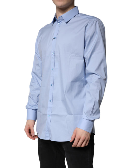 Men's light blue cotton dress shirt with long sleeves and button-down collar