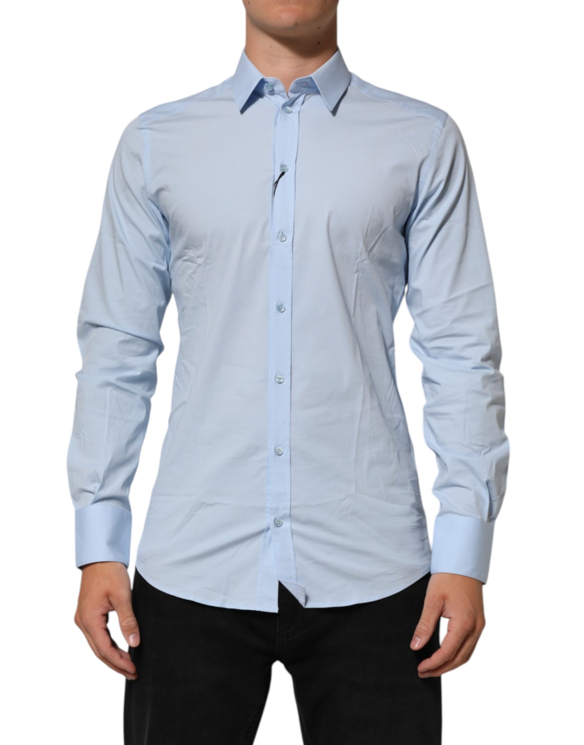 A light blue cotton dress shirt with gold accents, designed by Dolce & Gabbana