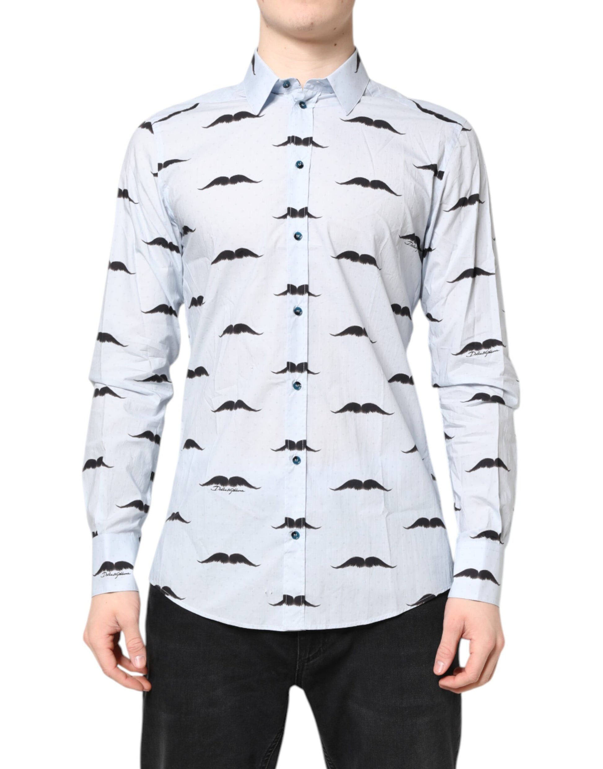 A light blue cotton dress shirt with a pattern of black bats on the front