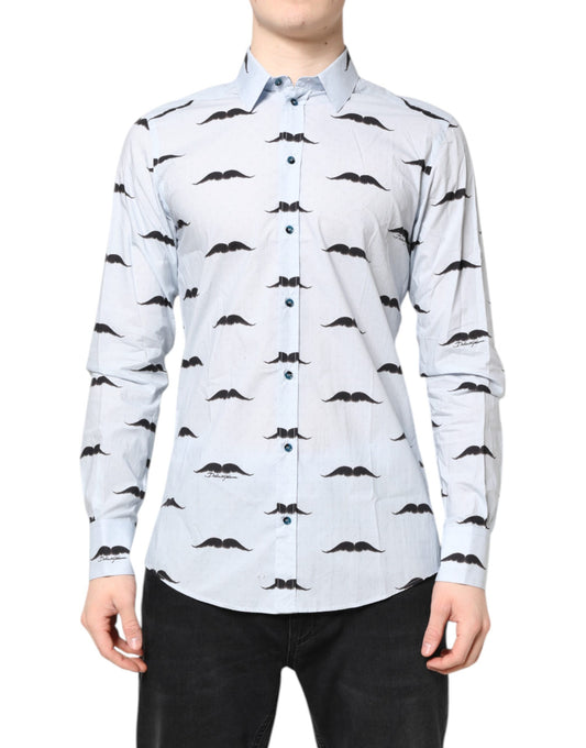 A light blue cotton dress shirt with a pattern of black bats on the front