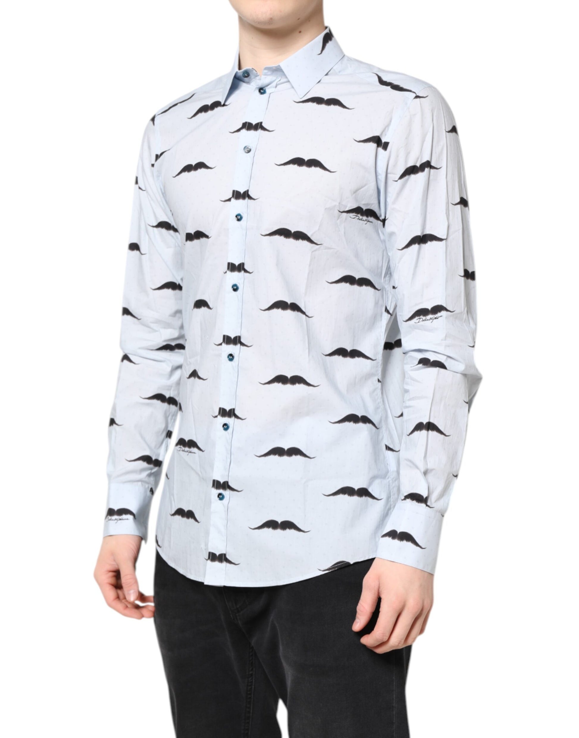 A light blue cotton shirt with a pattern of black bats on the front