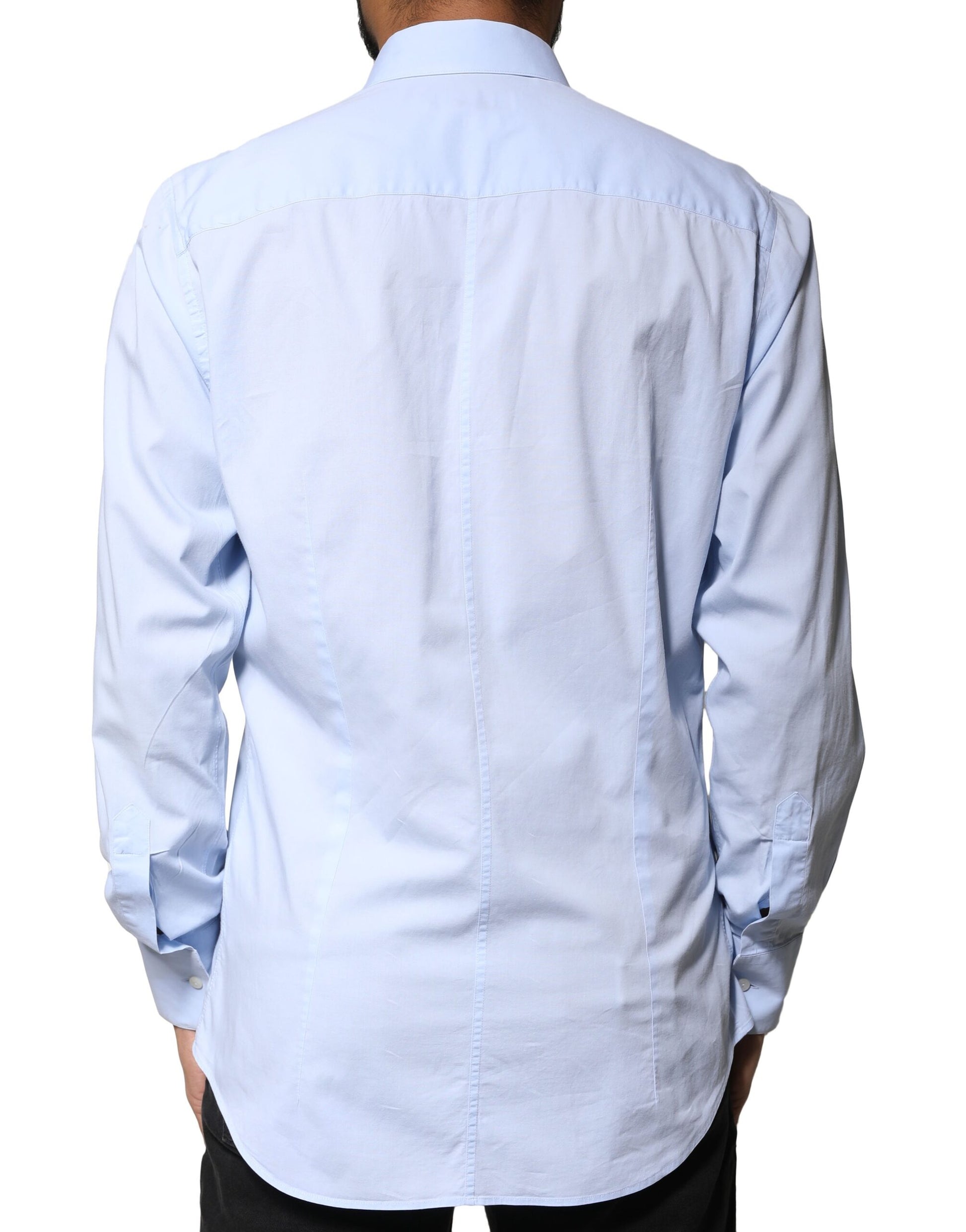A light blue cotton dress shirt with a checkered pattern on the back
