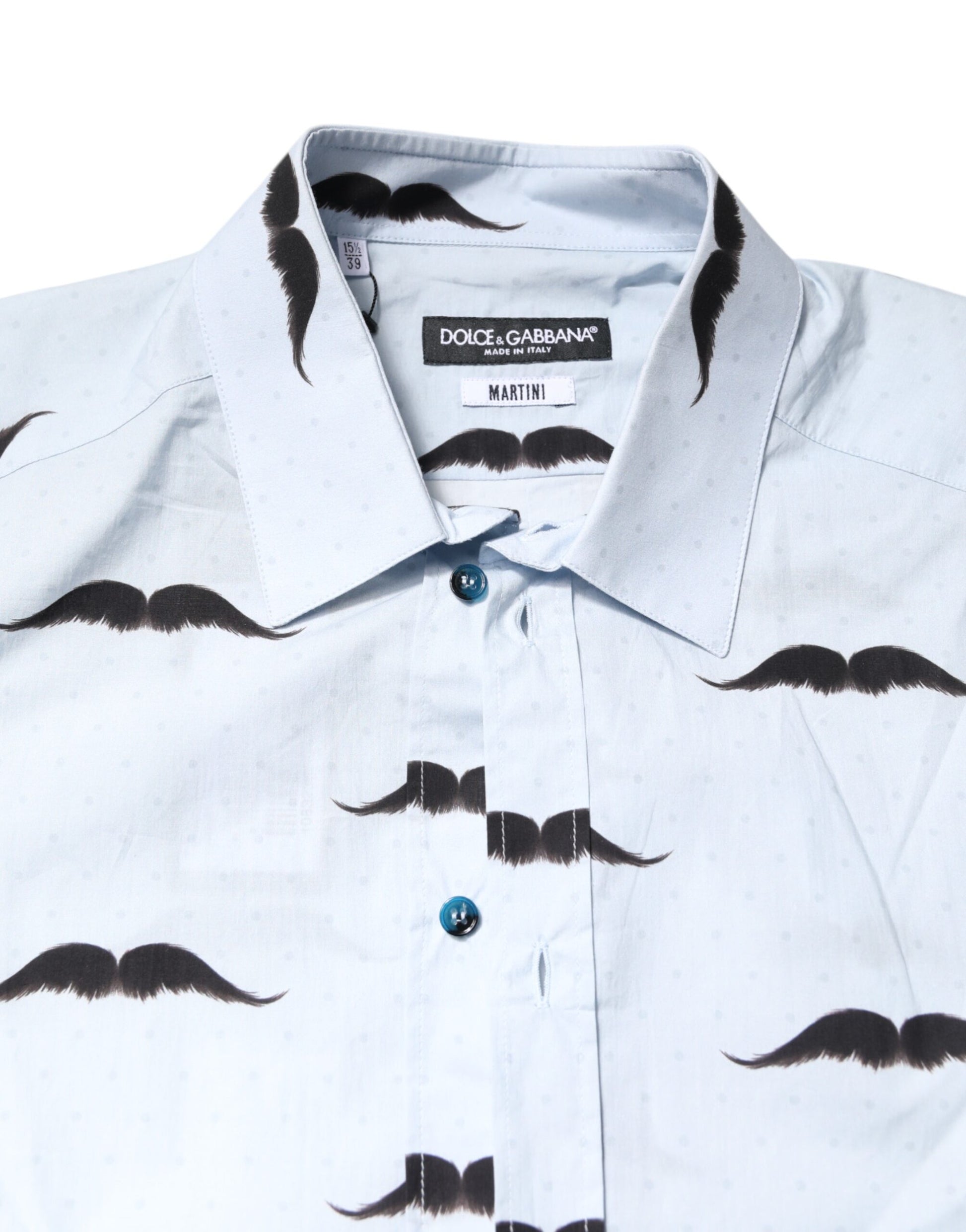 A light blue cotton dress shirt with a pattern of mustaches and martini glasses