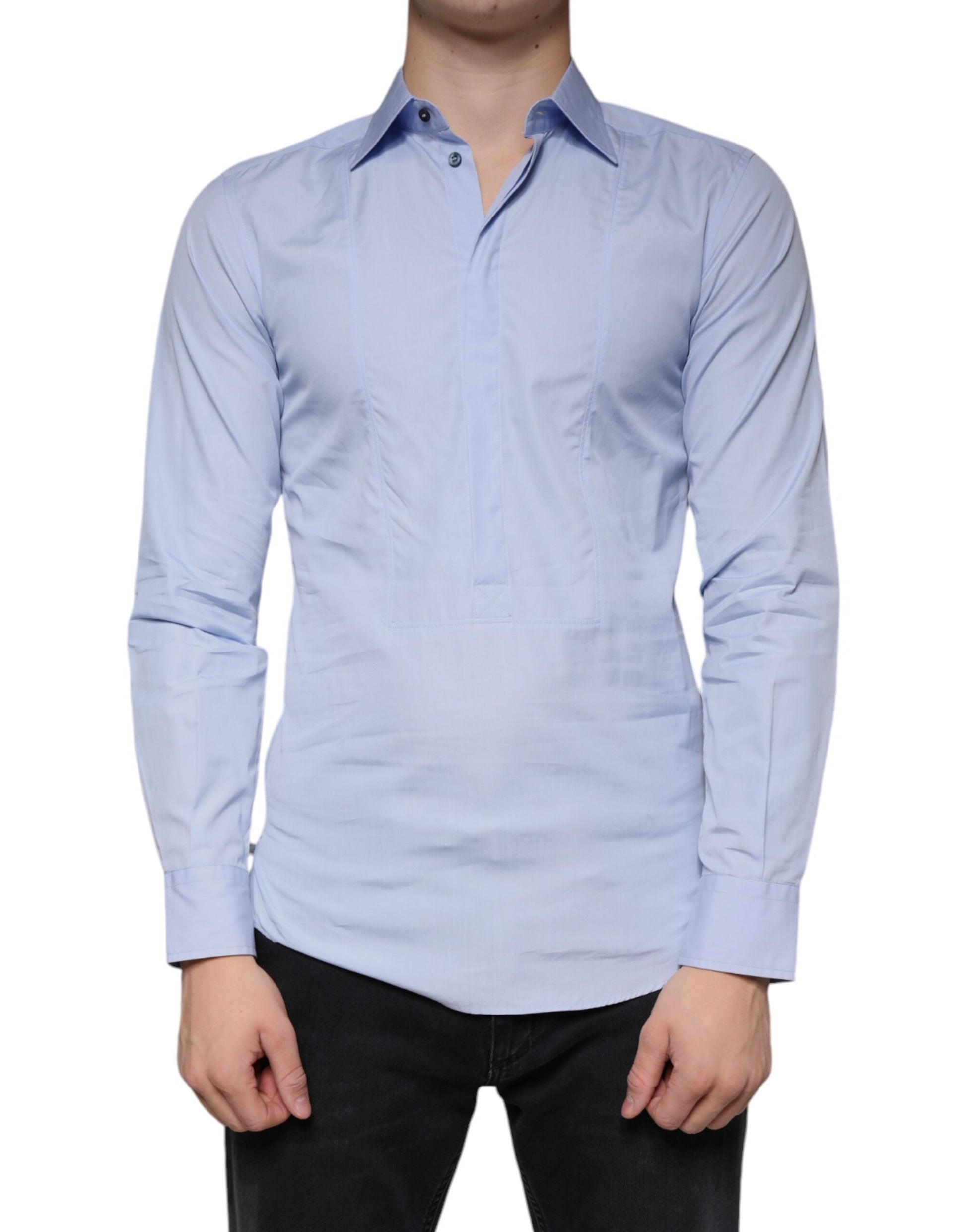 A light blue men's dress shirt with long sleeves and a collar, made of cotton