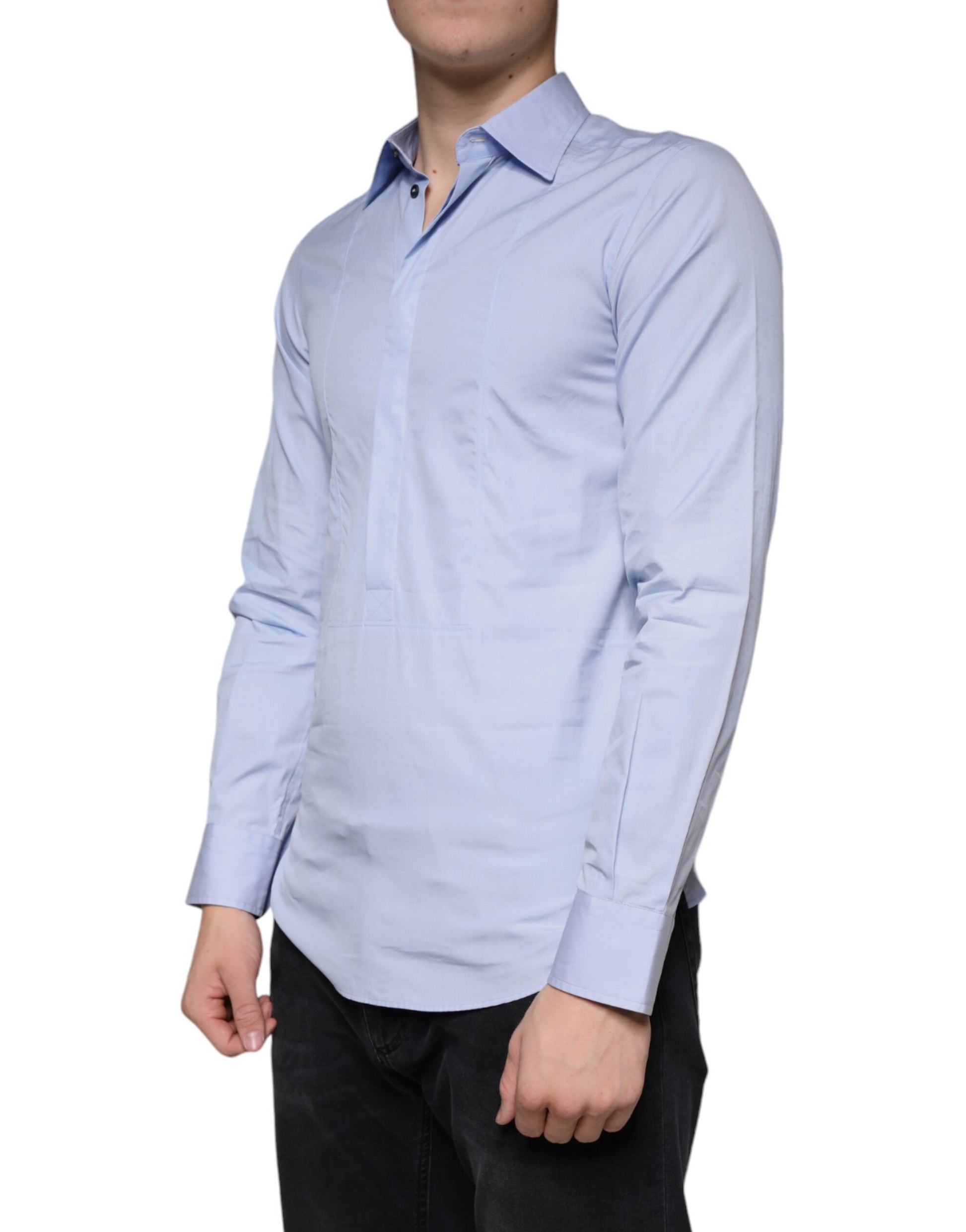 A light blue cotton men's dress shirt with long sleeves, collar and button-up front