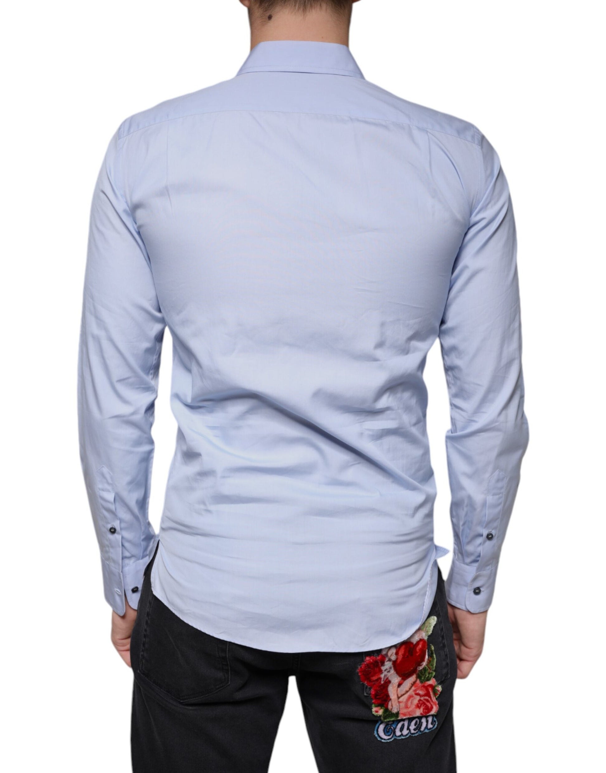 A light blue cotton men's dress shirt with a floral pattern on the back