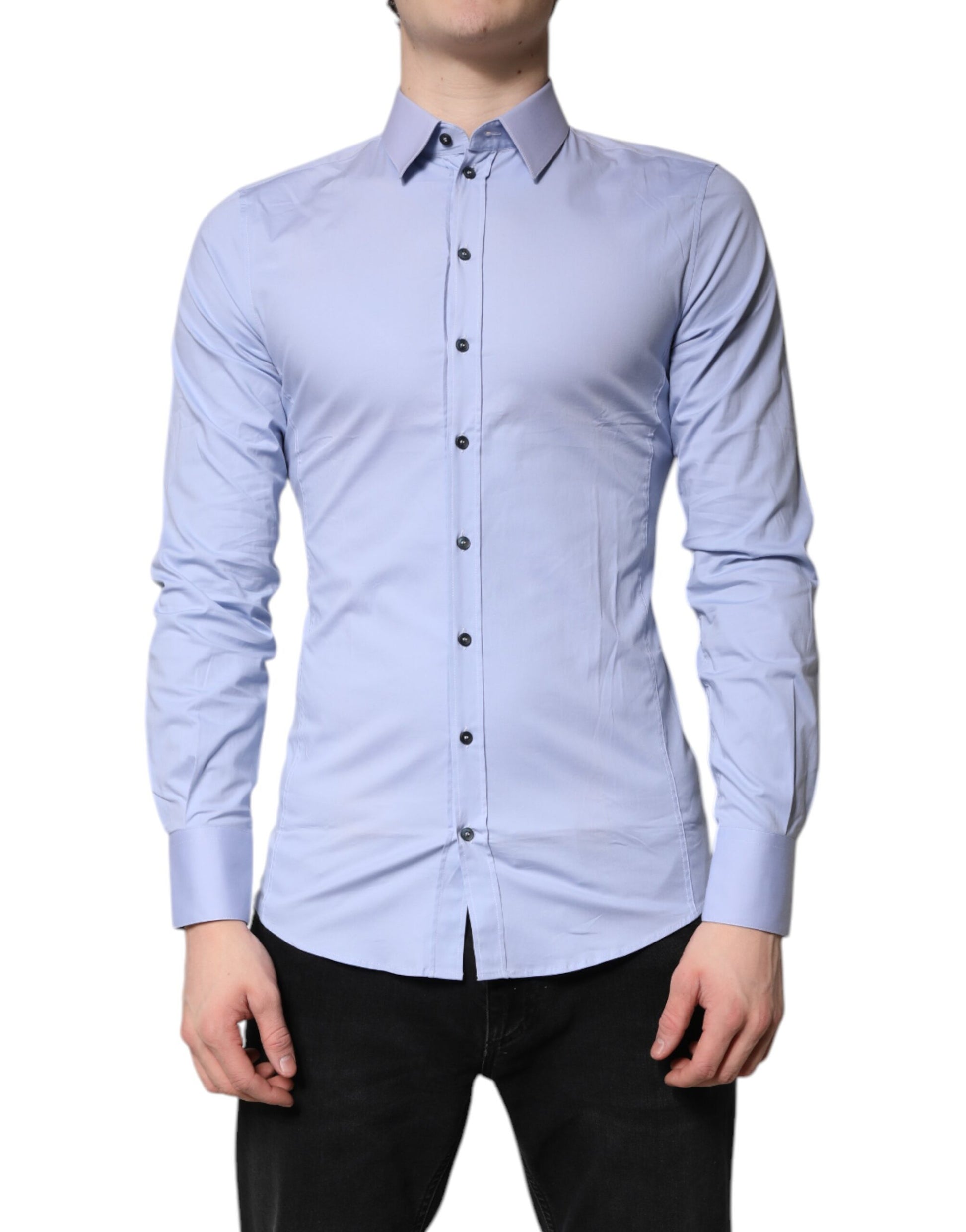 Men's light blue cotton dress shirt with black buttons and a collar