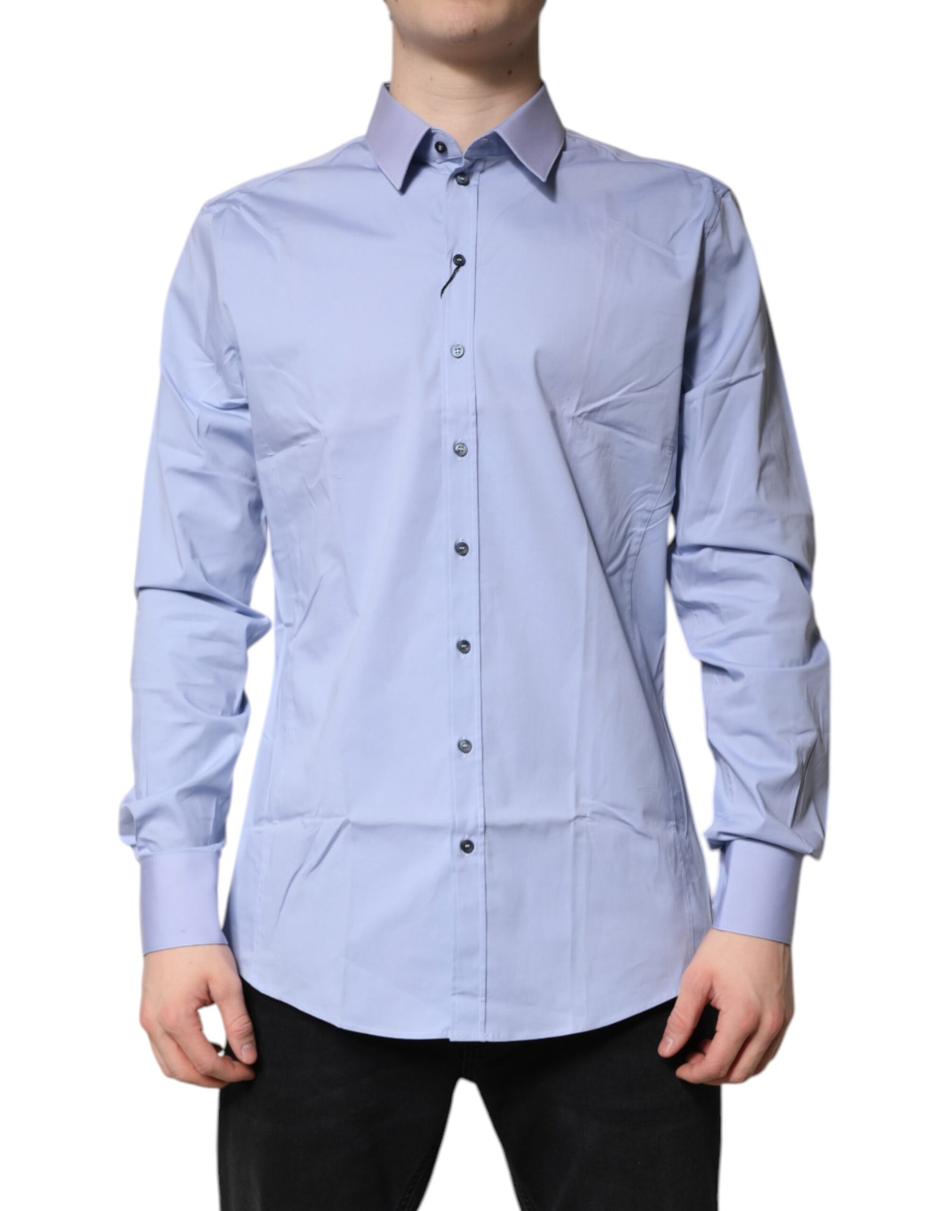 Men's light blue cotton dress shirt with long sleeves and button-down collar