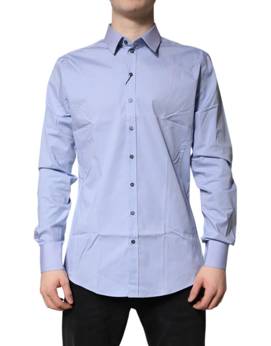 Men's light blue cotton dress shirt with long sleeves and button-down collar
