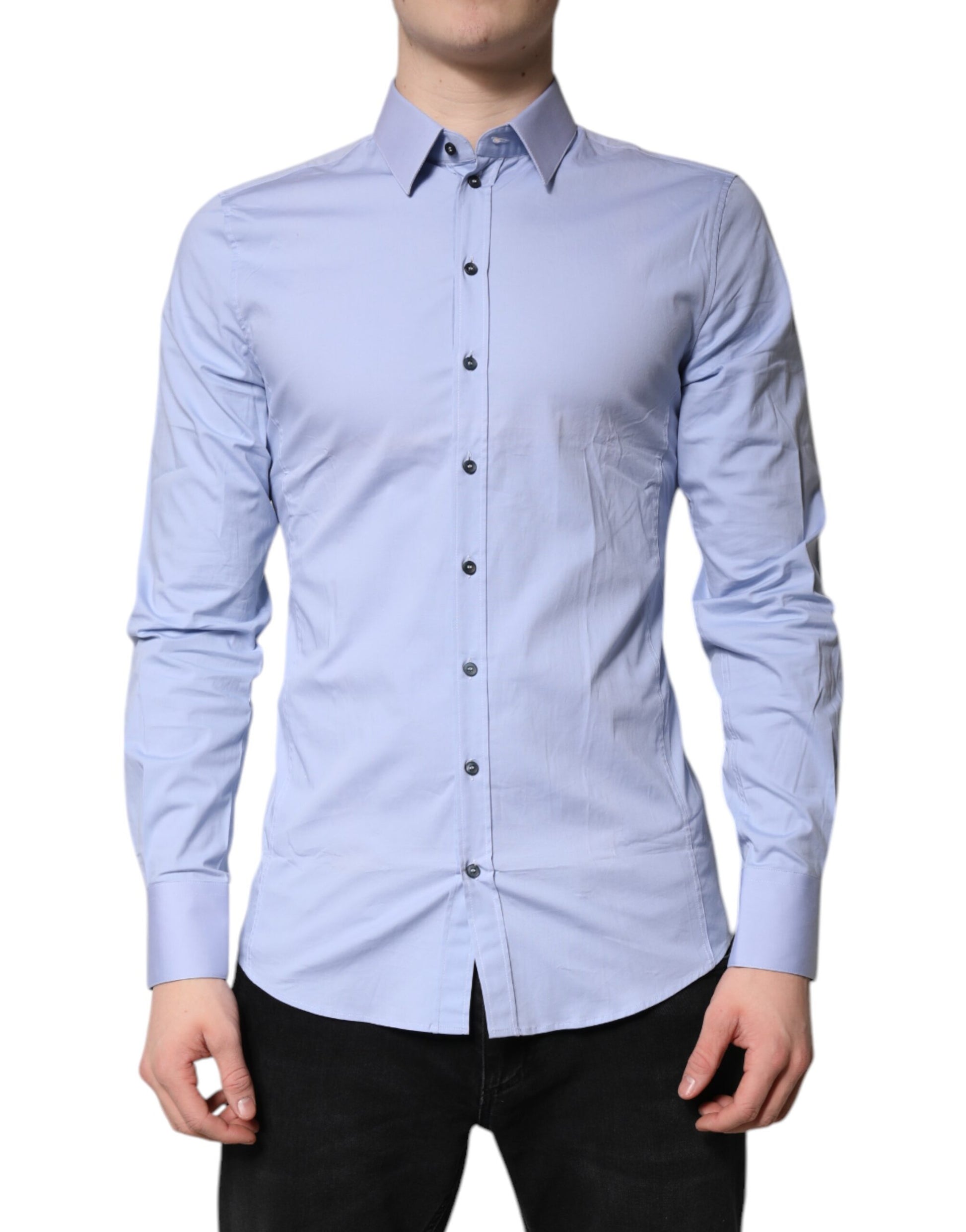 Men's light blue cotton dress shirt with button-down collar and two chest pockets