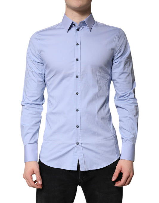 Men's light blue cotton dress shirt with button-down collar and two chest pockets
