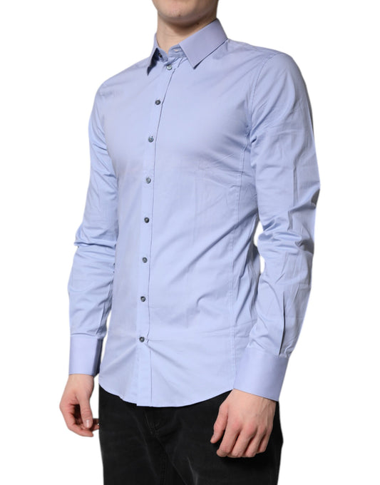 Men's light blue cotton dress shirt with button-down collar and long sleeves