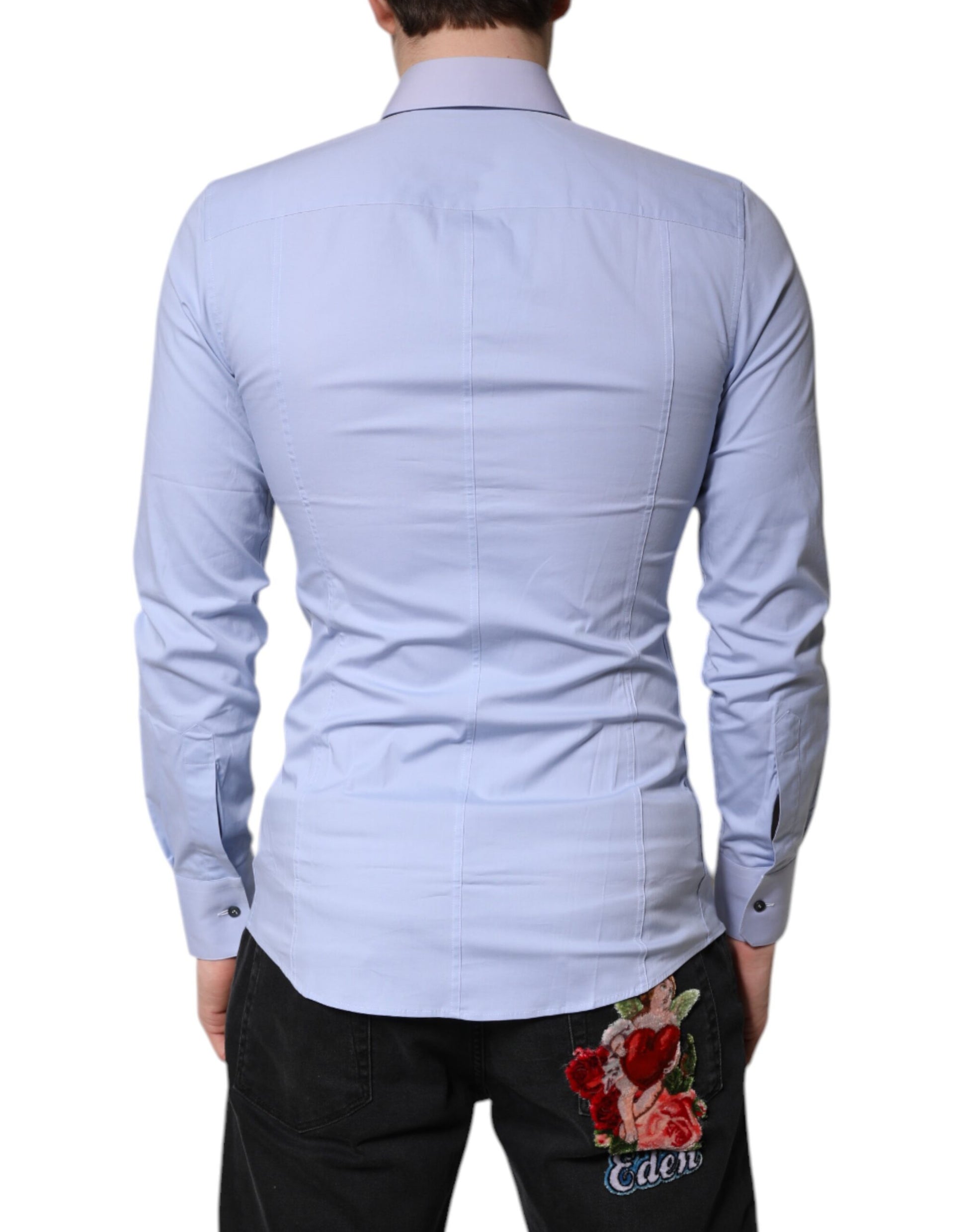 A light blue cotton dress shirt with a Sicilia design on the back