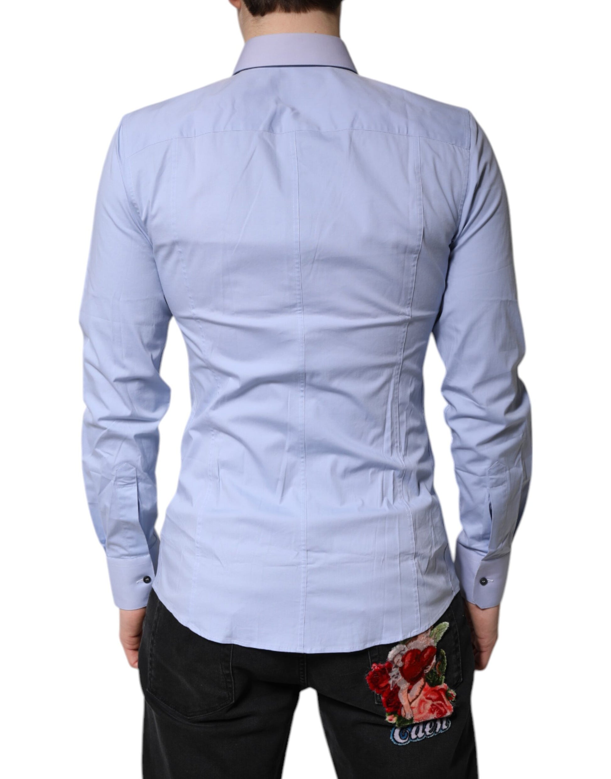 A light blue cotton dress shirt with a Sicilia design on the back