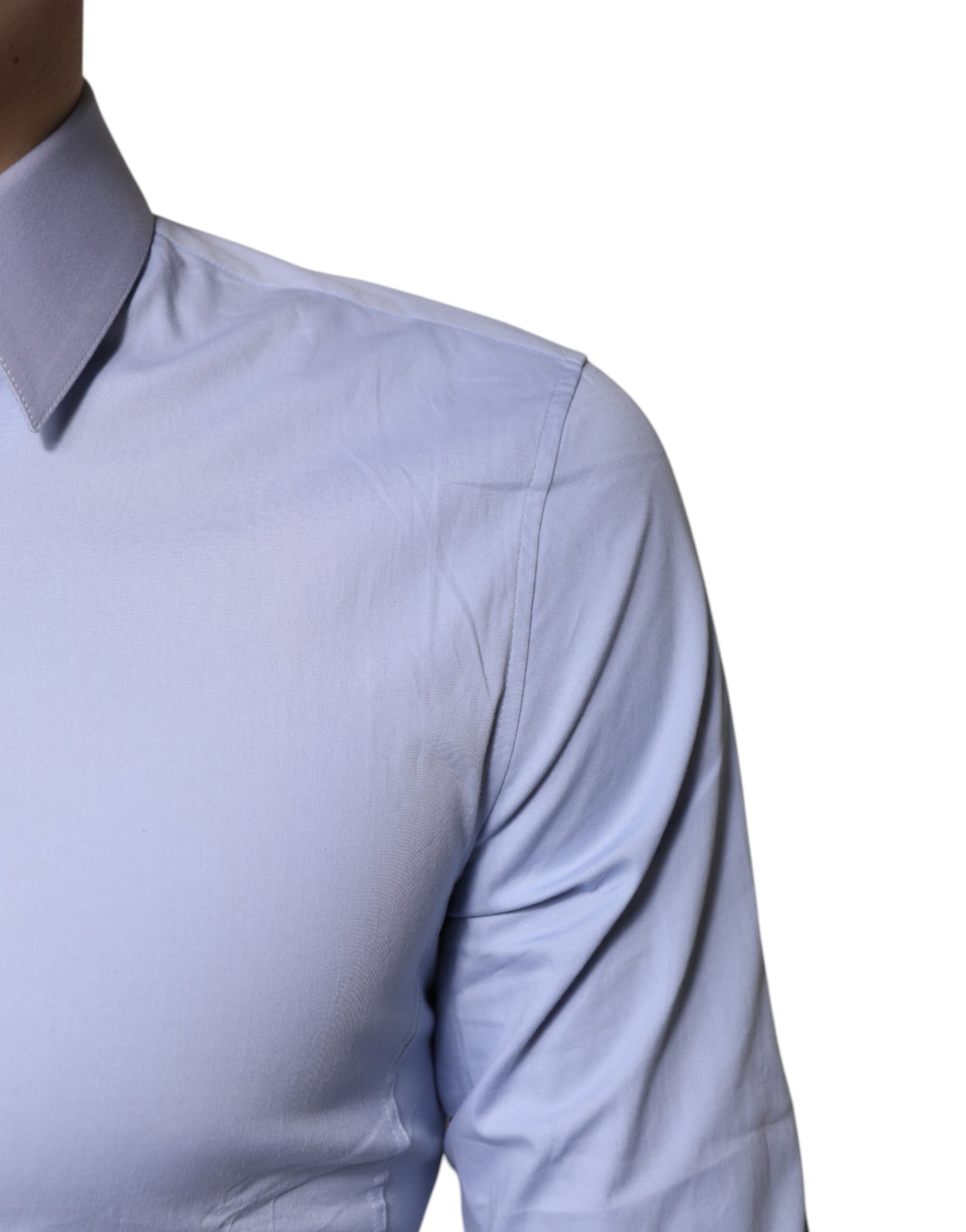 A light blue cotton dress shirt with a collar and short sleeves