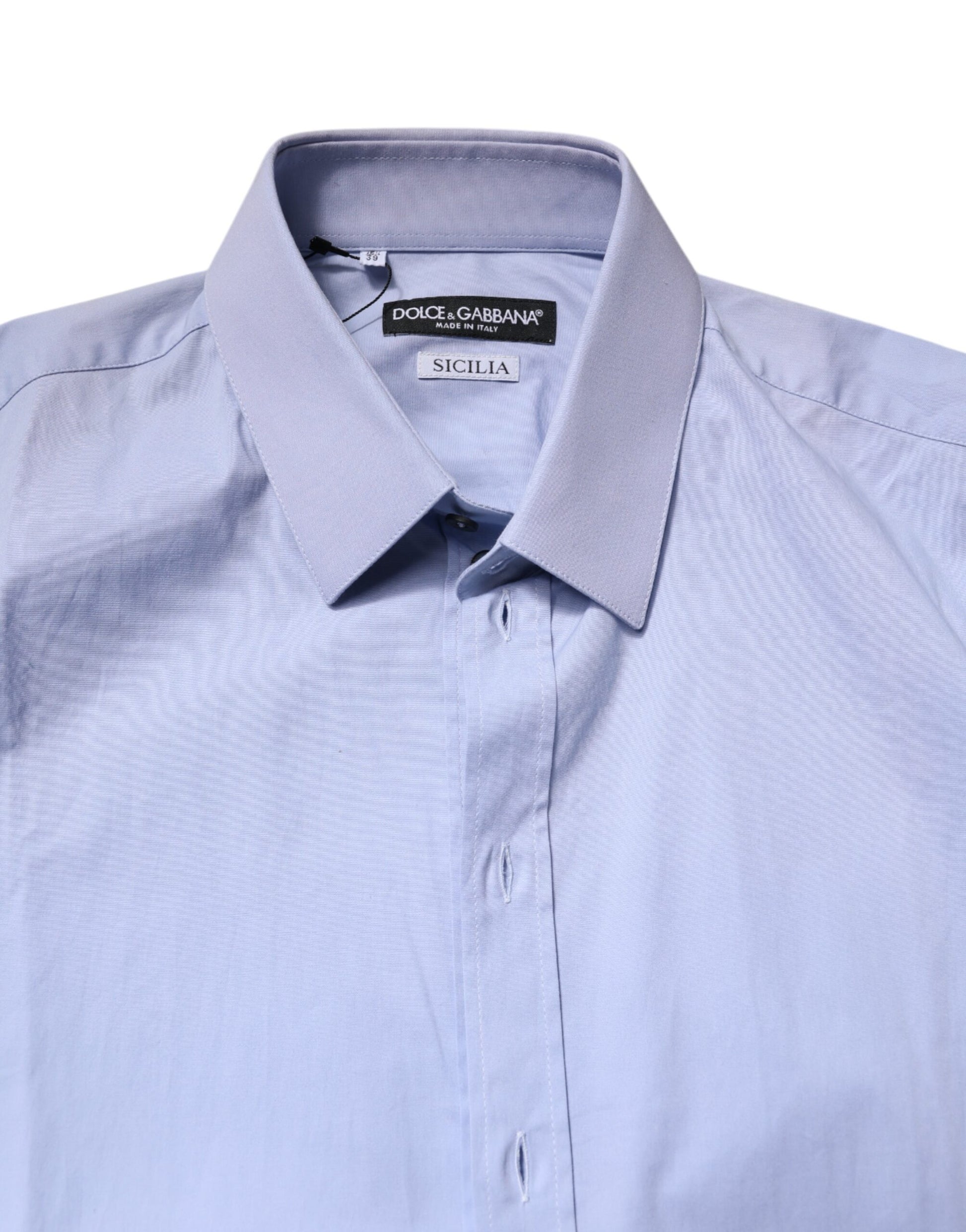 A light blue cotton dress shirt with a collar and buttons down the front