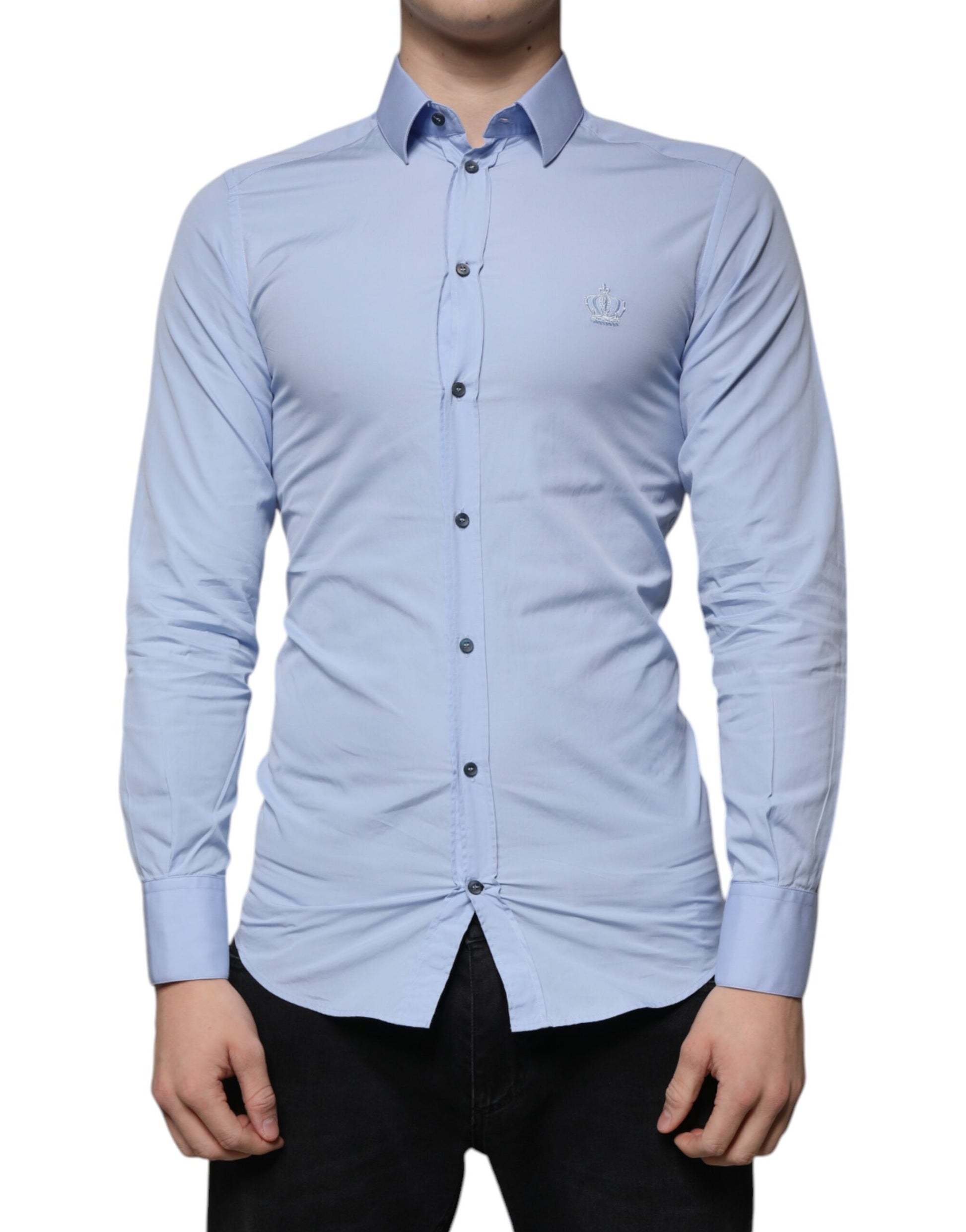 A light blue cotton slim fit dress shirt with gold buttons and a collar