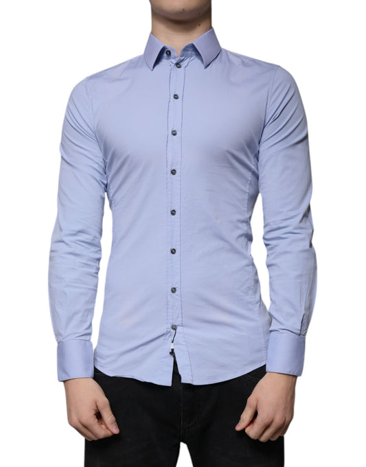 A light blue cotton slim fit dress shirt from the Dolce & Gabbana Sicilia collection