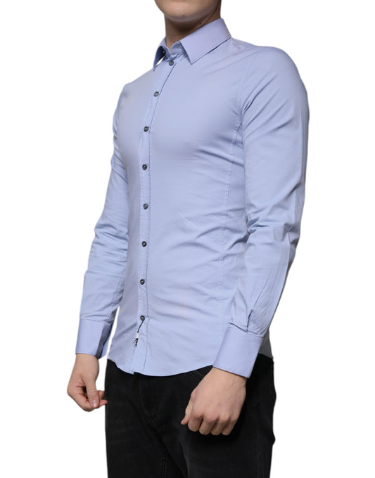 A light blue cotton dress shirt with slim fit and button-down collar