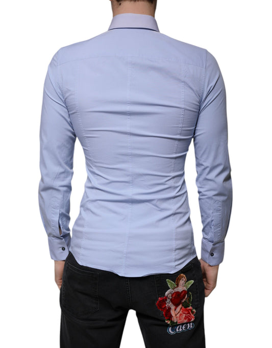 A light blue cotton slim fit dress shirt with a Sicilia design on the back