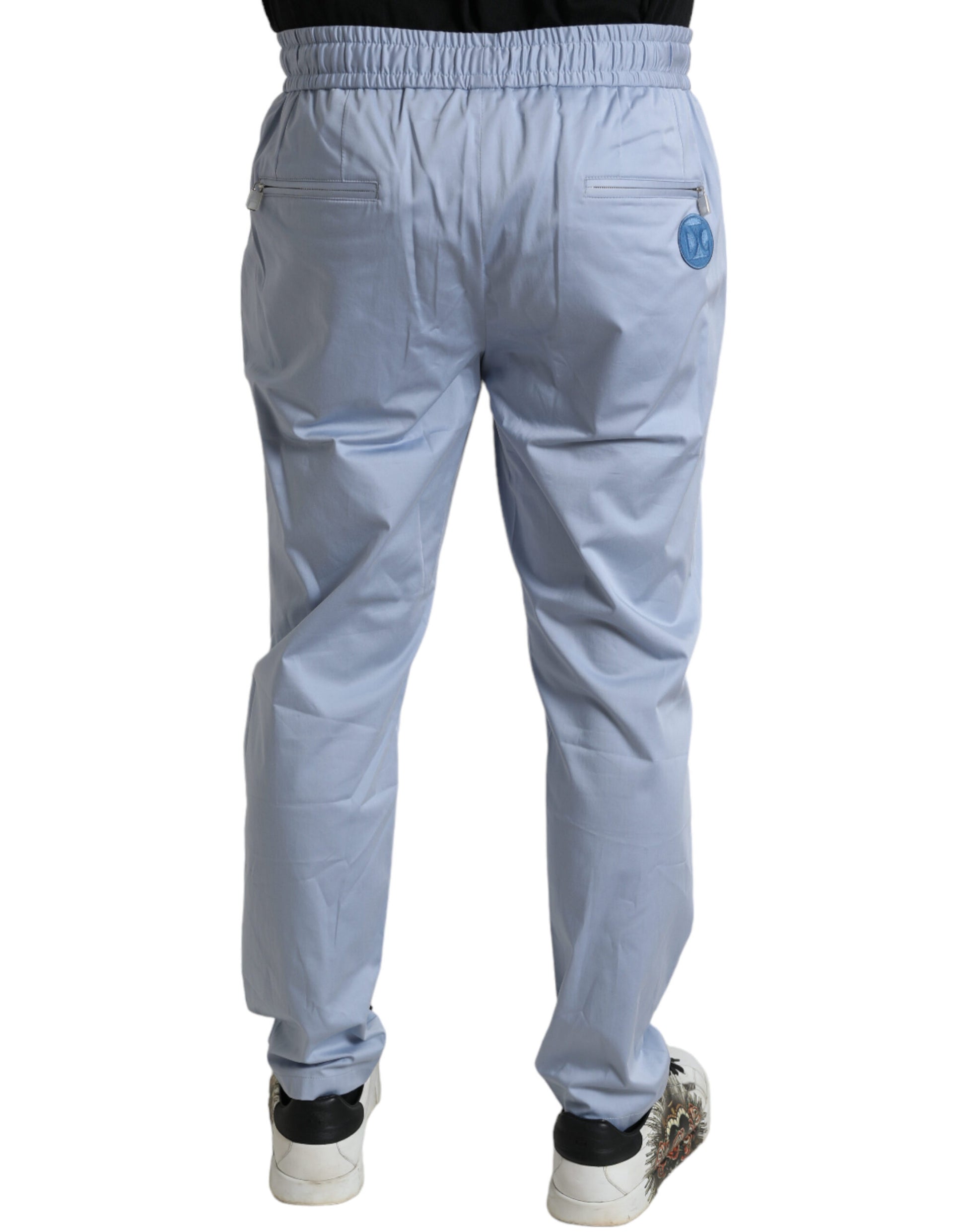 Pair of light blue cargo pants with pockets on sides